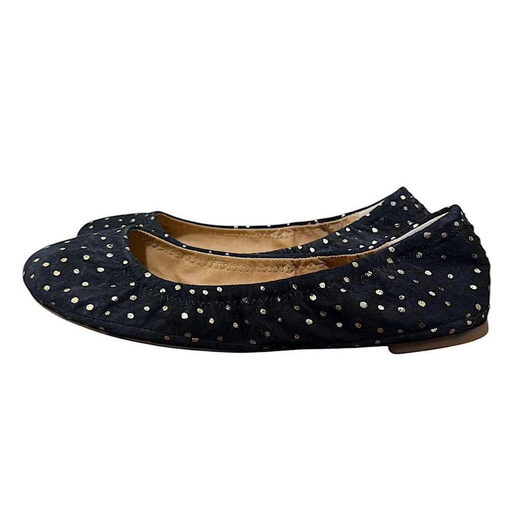 NWT Lucky Brand Emmie black suede metallic gold polka dot ballet flats size 7